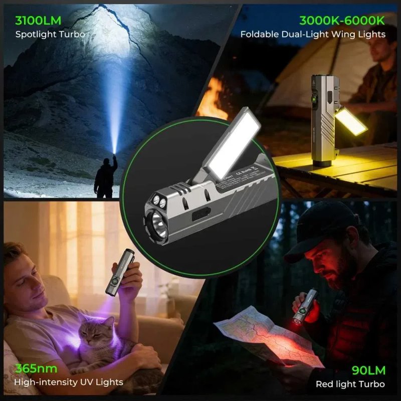 Ліхтар WURKKOS HD05\4-in-1 (Spot/Flood/Red/UV 365 нм)EDC\3100LM-335m\ CRI 90+Floodlight (3000–6000K)\USB-C акумулятор 5000ma — фото 5