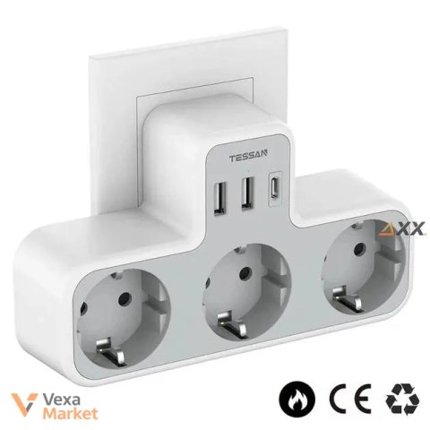 Мережевий фільтр-розгалужувач Tessan з 3 євророзетками та 3 USB портами, 3600W/16A, Білий