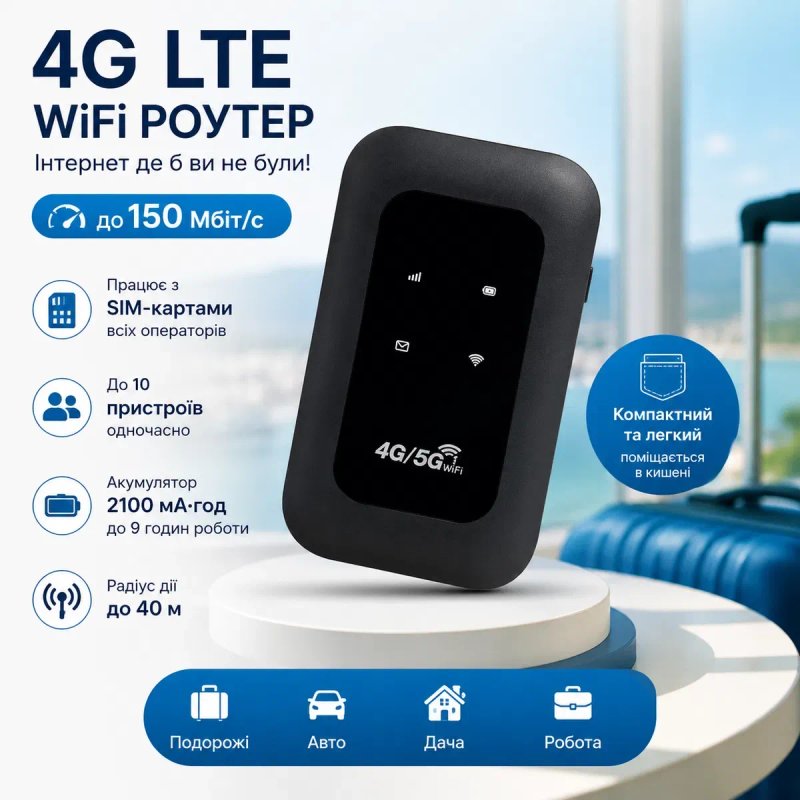 Мобільний модем 4G LTE Wi-Fi роутер зі слотом для SIM-карти, до 150 Мбіт/с, акумулятор 2100 мАг (до 10 пристроїв), MF800-5 — фото 6