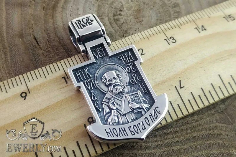 Мужская Серебряная ладанка, подвеска Николай Чудотворец + Распятие — фото 4