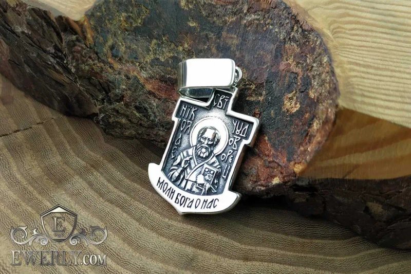 Мужская Серебряная ладанка, подвеска Николай Чудотворец + Распятие — фото 6