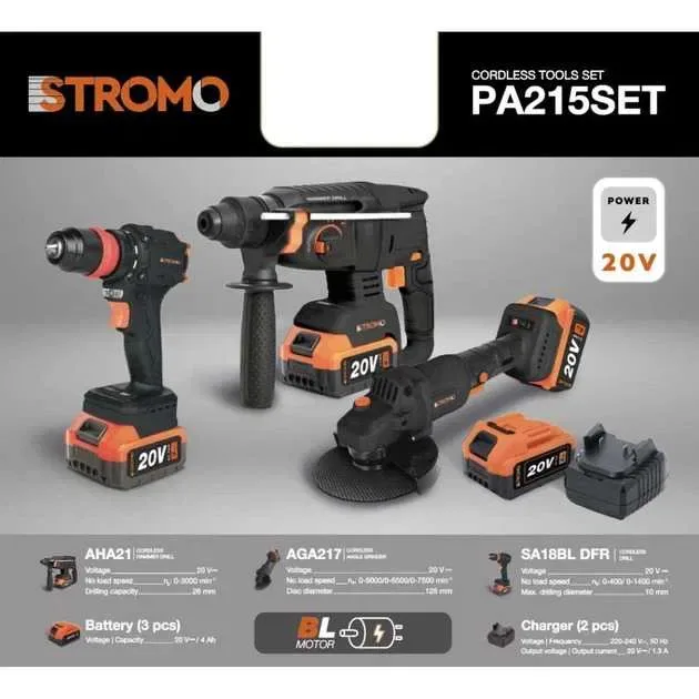 Набір акумуляторного інструменту Stromo PA215SET, болгарка + шурупокрут DFR + перфоратор, безщіткові, 3 АКБ 4А·год, 2 зарядні — фото 2