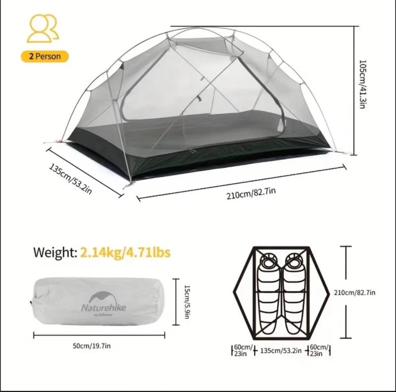Намет Naturehike Mongar 2 20D (1,8кг)/210T(2,4 кг) двомісна надлегка туристична палатка — фото 2