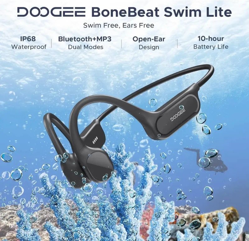 Навушники DOOGEE BoneBeat Swim Lite для плавання з кістковою провідністю IP68, бездротові спортивні Bluetooth 5.4, відкритого типу — фото 2