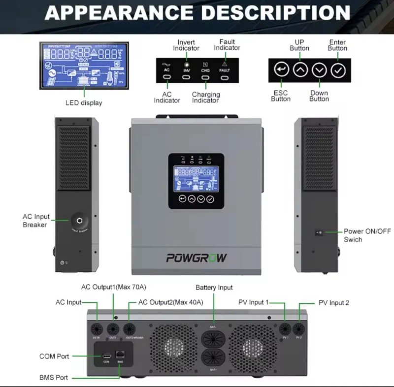 Наявність! Гібридний інвертор PowGrow (Easun) 12kw 48v POWGROW-12KW-WIFI 48В charge 160A — фото 4