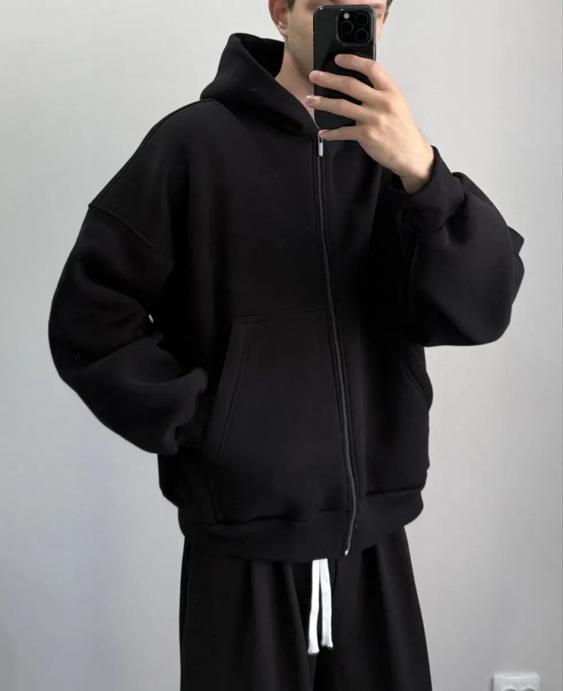 Оверсайз зіп худі чорне базове boxy fit oversize  нове тепле baggy zip hoodie кофта на замку зіпка зип худи черные теплый бегги зип худи флис S M L XL — фото 2