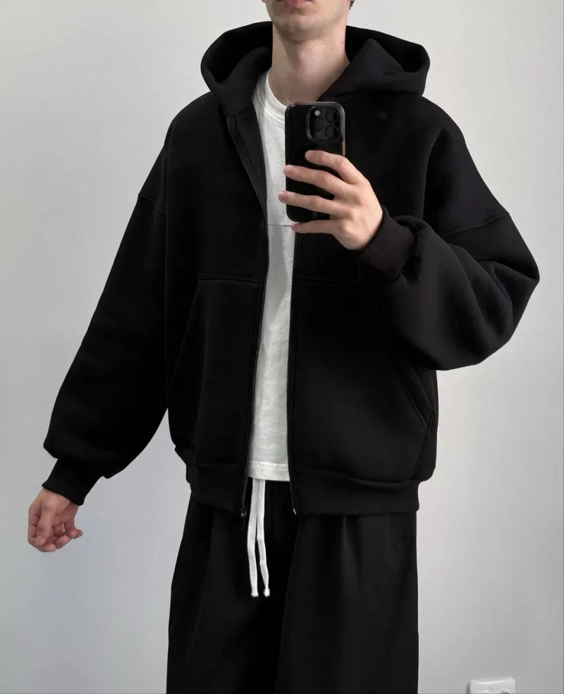 Оверсайз зіп худі чорне базове boxy fit oversize  нове тепле baggy zip hoodie кофта на замку зіпка зип худи черные теплый бегги зип худи флис S M L XL — фото 3