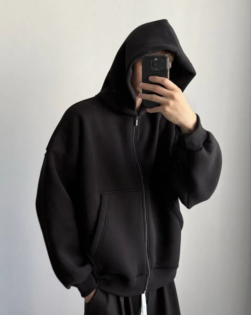 Оверсайз зіп худі чорне базове boxy fit oversize  нове тепле baggy zip hoodie кофта на замку зіпка зип худи черные теплый бегги зип худи флис S M L XL — фото 4