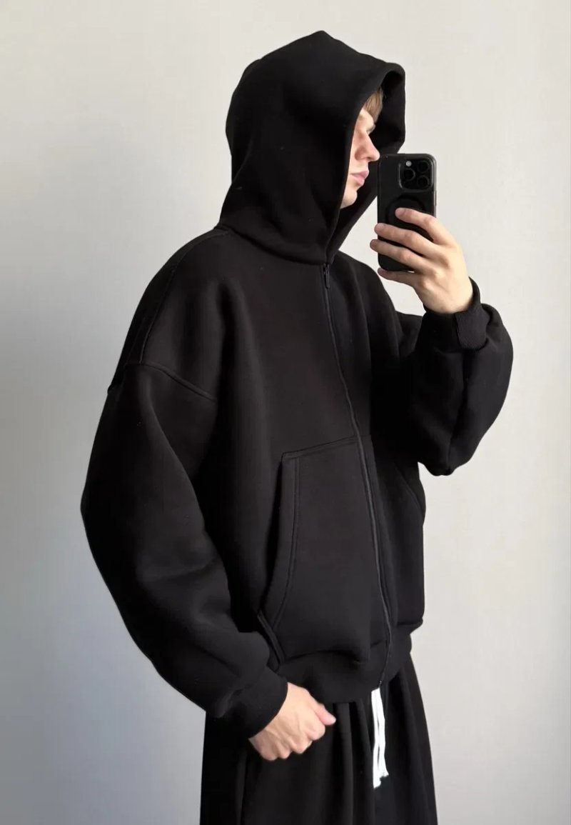 Оверсайз зіп худі чорне базове boxy fit oversize  нове тепле baggy zip hoodie кофта на замку зіпка зип худи черные теплый бегги зип худи флис S M L XL — фото 6