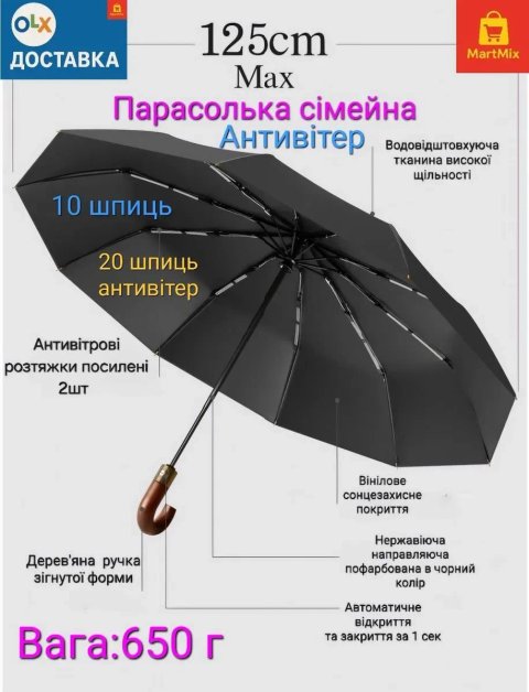 Парасолька сімейна автоматична, міцна, антивітер (10 /20 шпиць).Зонт-автомат