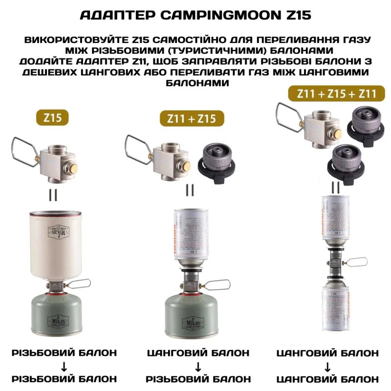 Перехідник на цангові балони Campingmoon Z10, Z11, Z15, Z-23-CB,Z23-VC / адаптер до різьбового балона — фото 7