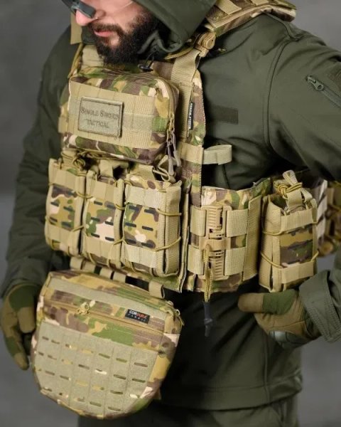 Плітоноска 4 точки скидання Single sword мультикам CORDURA 1000D з рюкзаком бронежилет Plate Carrier Molle з напашником 7 підсумків