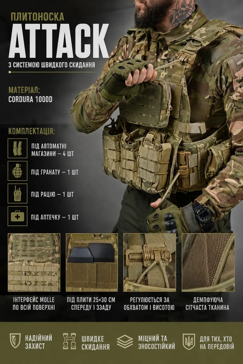 Плитоноска Attack піксель, Multicam Cordura 1000D швидкоскид 4т Molle під плити 25x30 ЗСУ — фото 8