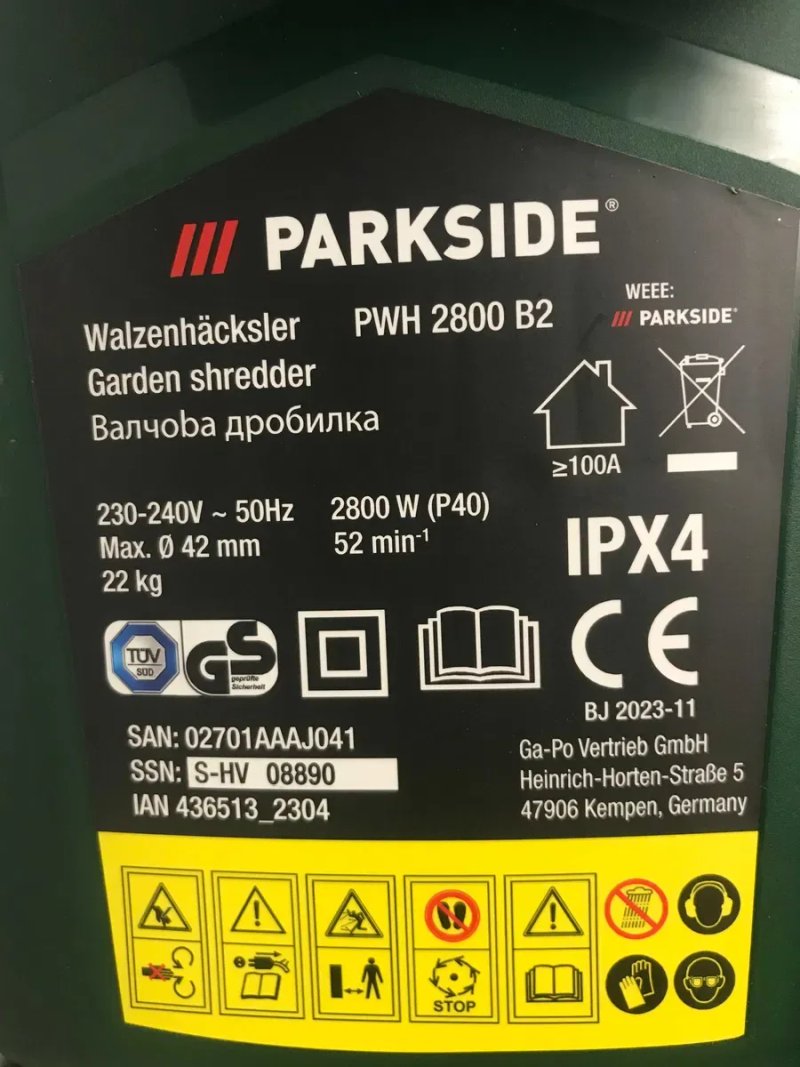 Подрібнювач гілок Parkside® PWH 2800 B2/ 2800 Ват/ 42 мм./52 об/хв/60 л. — фото 8