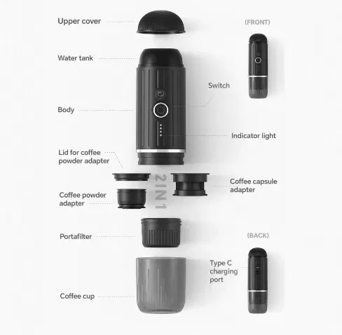 ‼️Портативна кавоварка iCafilas Travel Espresso Maker ME2218 Чорна для меленої кави та капсул Nespresso‼️ — фото 4