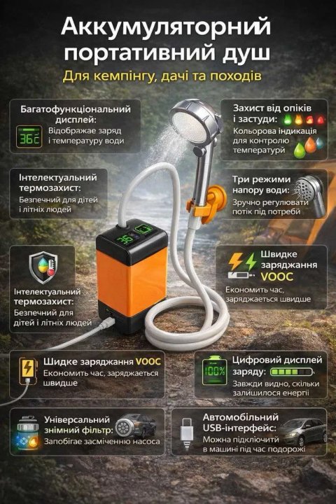 Портативний душ 3.7 В з дисплеєм на акумуляторі