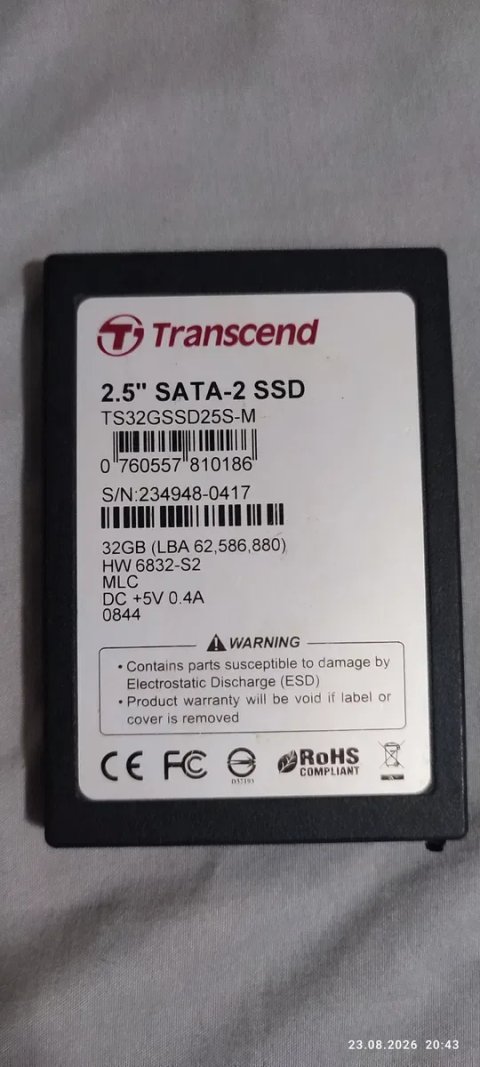Продам ссд накопитель 2.5" SATA-2 SSD 32gb
TS32GSSD25S-M
0760557 810186"
S/N:234948-0417
32GB (LBA 62,5
