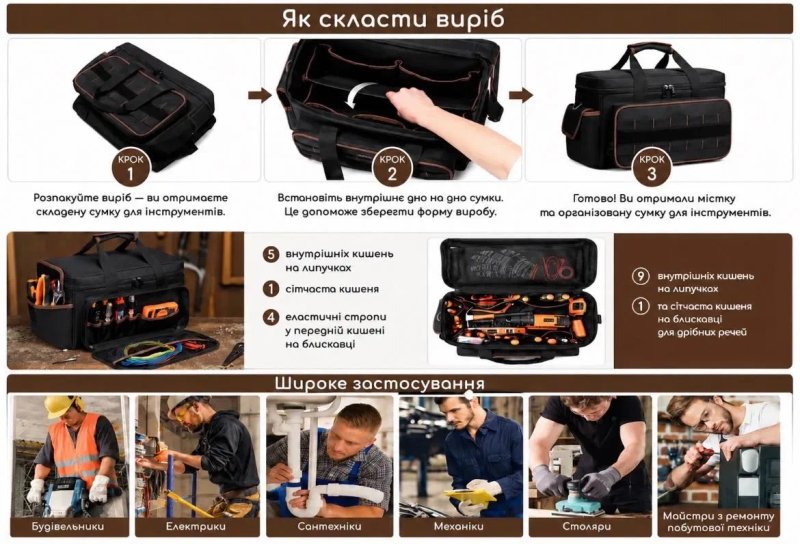 Професійна сумка-органайзер для інструментів 17″, 43×27×25 см, 13 кишень Велика/большая сумка для інструментів/инструментов/інструменту — фото 8
