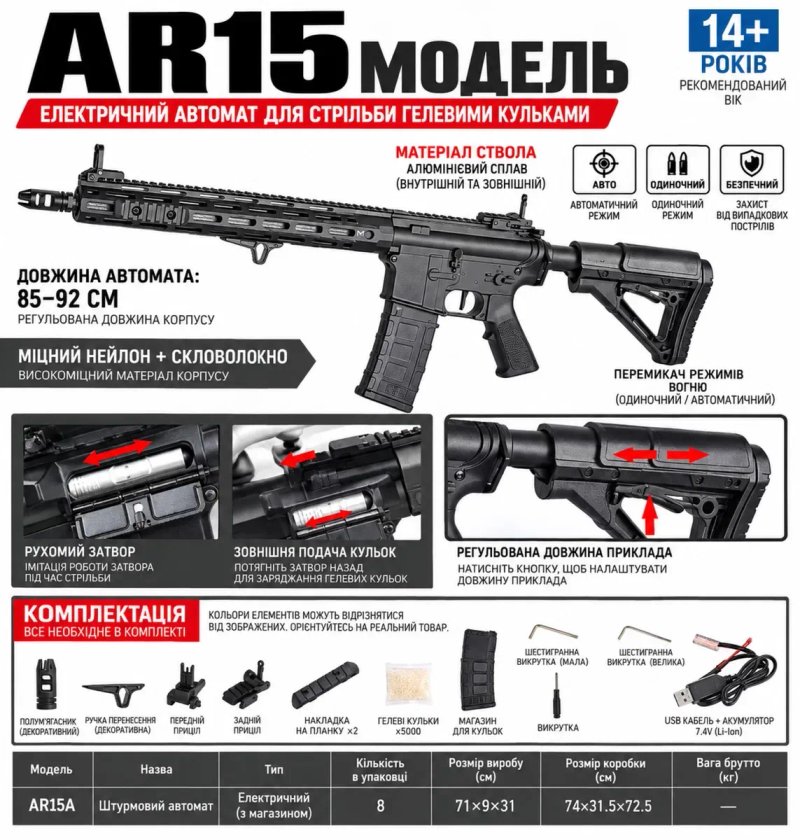 Професійний іграшковий автомат орбізний  AR15 на аккумуляторі баластер, орбіган — фото 2