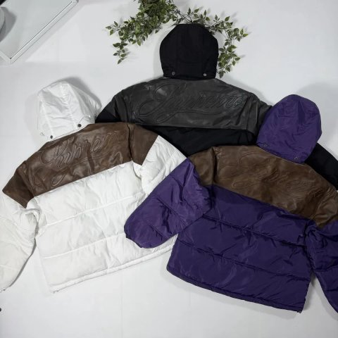 Пуховик Supreme Leather Yoke Puffer S-XL пухан супрім суприм шкіряне лого кожаный пуховик куртка на зиму