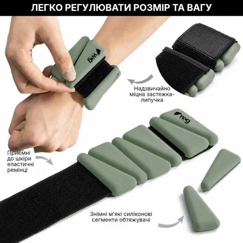 Регульовані обтяжувачі для ніг та рук WCG Soft Touch 2×0,25 кг, сіро-зелені — фото 6