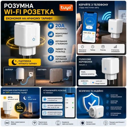 Розумна Wi-Fi розетка Tuya 20A | Смарт розетка | Таймер | Моніторинг | Alexa Google | Нічний тариф