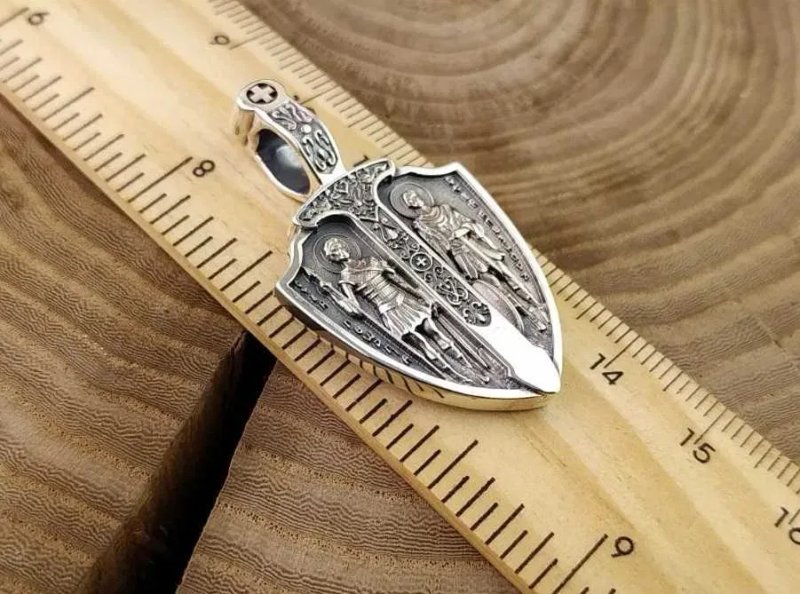 Серебряная подвеска, кулон щит с архангелом Михаилом. Срібний підвісок — фото 2