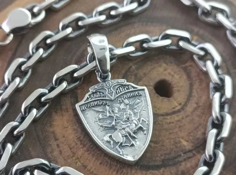 Серебряная подвеска, кулон щит с архангелом Михаилом. Срібний підвісок — фото 8