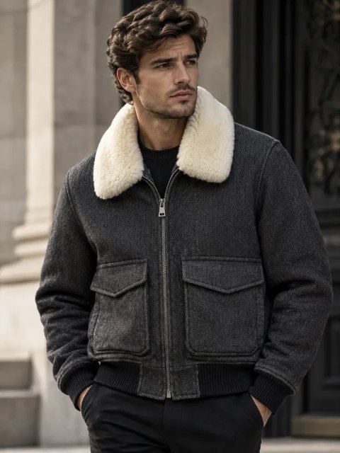 Шерстяная куртка авиатор Sandro Paris Shearling-Collar Herringbone Aviator Jacket size S