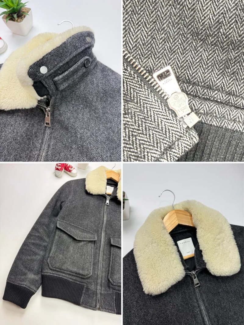 Шерстяная куртка авиатор Sandro Paris Shearling-Collar Herringbone Aviator Jacket size S — фото 6