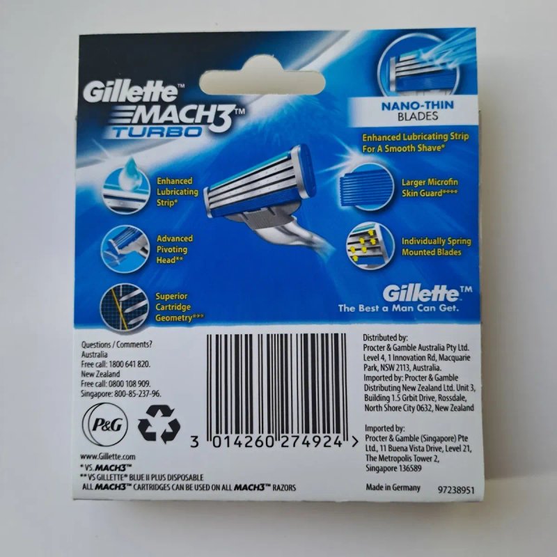 8 шт Gillette Mach3 Turbo Classic Німеччина (оригінал) змінні касети, картриджі — фото 2