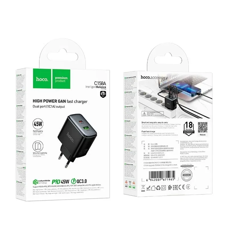 Швидка зарядка на 45W Hoco C158A Type-C Type-C для Samsung/ Motorola і тд. Быстрая зарядка Power Delivery/ PD — фото 6