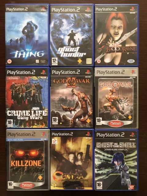 Sony PlayStation 2: God of War, KillZone Tekken Contra The Thing Harry Potter, Persona Punisher BloodRayne Godzila Mafia Need for Speed Most Wanted