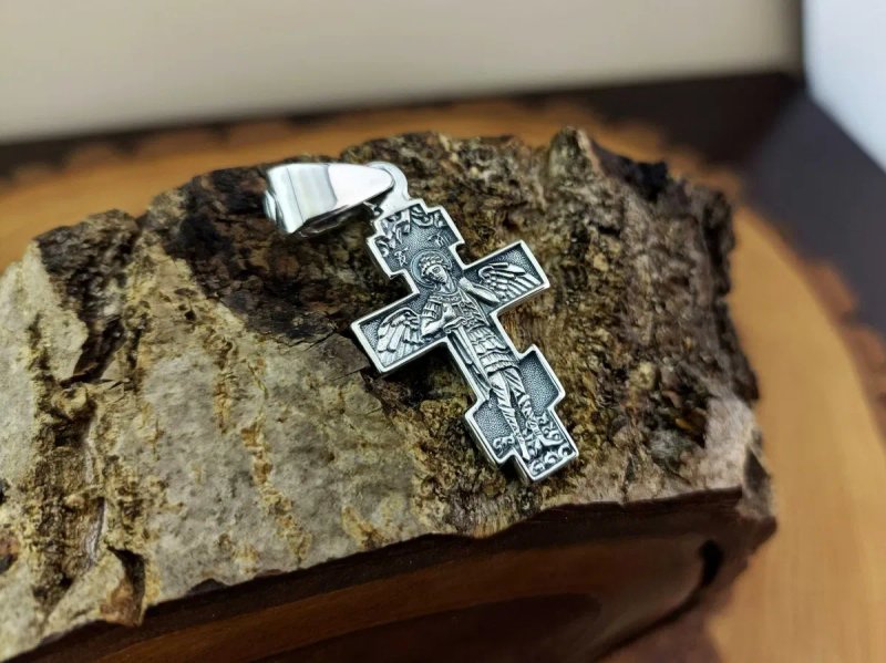 Срібний Ланцюг Бісмарк хрест Архангел Михаїл з Іісусом. Ланцюжок Бісмарк срібло. Серебряная цепочка Бисмарк. Серебряный  крестик Архангел Михаил Иисус — фото 6