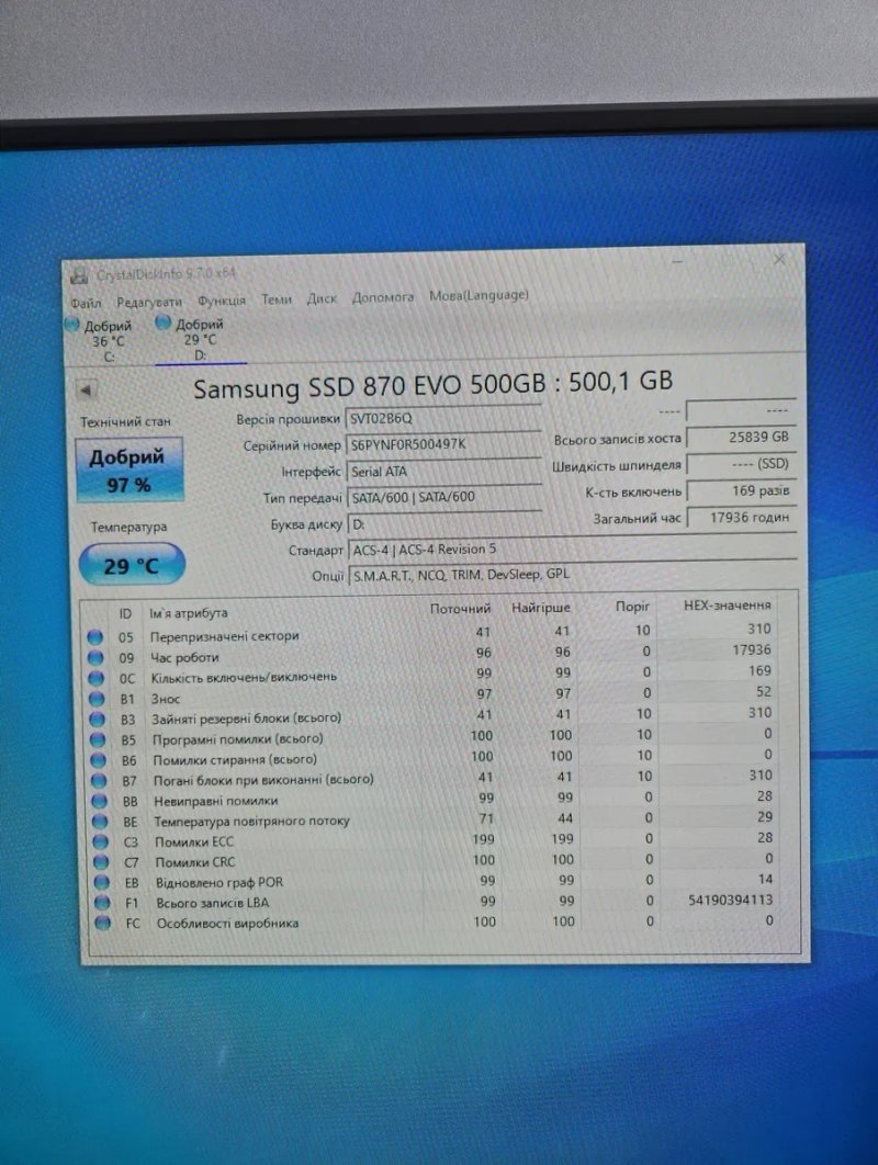 SSD диск Samsung 870EVO 500Gb 2.5" SATA (smart 97%) — фото 2