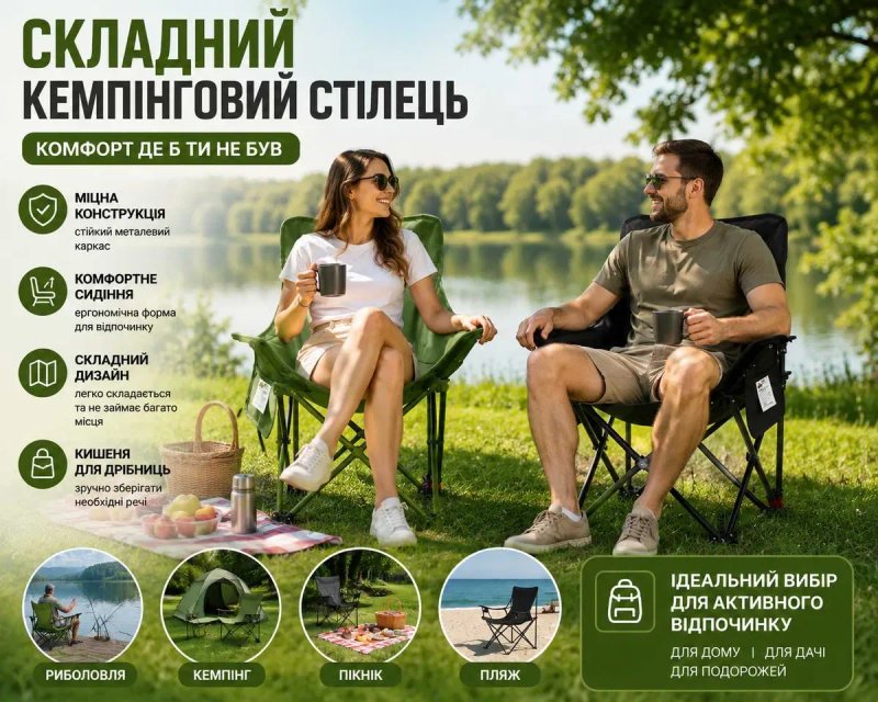 Стул складной для пикника с высокой спинкой 45x93x58см, до 200кг туристический рыбацкий, кресло, шезлонг крісло, стілець рибацький, розница и опт — фото 2