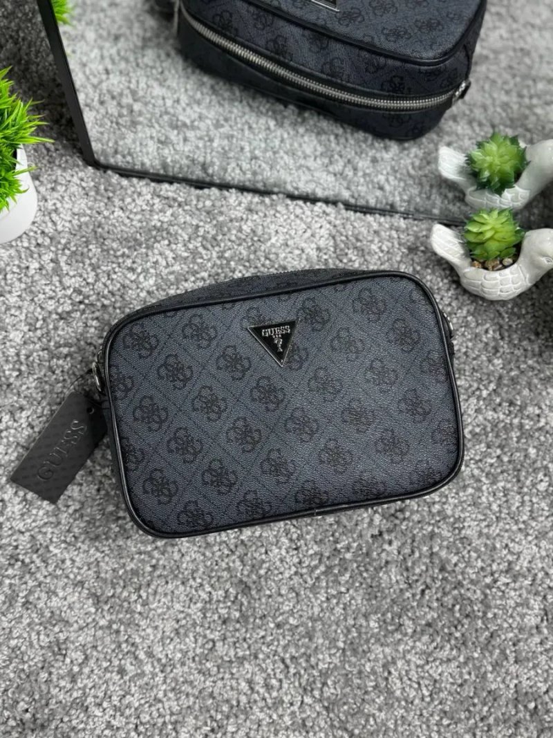 Сумка Guess через плече чоловіча жіноча екошкіра чорна/сіра/коричнева  | чоловіча сумка Геес — фото 2
