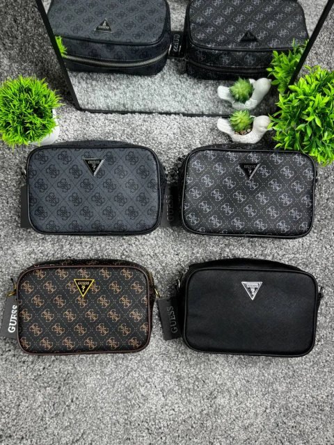 Сумка Guess через плече чоловіча жіноча екошкіра чорна/сіра/коричнева  | чоловіча сумка Геес