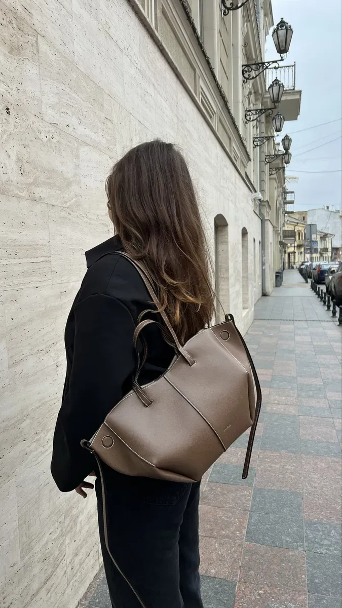 Сумка шопер POLENE Cyme mini черная, шоколад, орех натуральна шкіра — фото 5