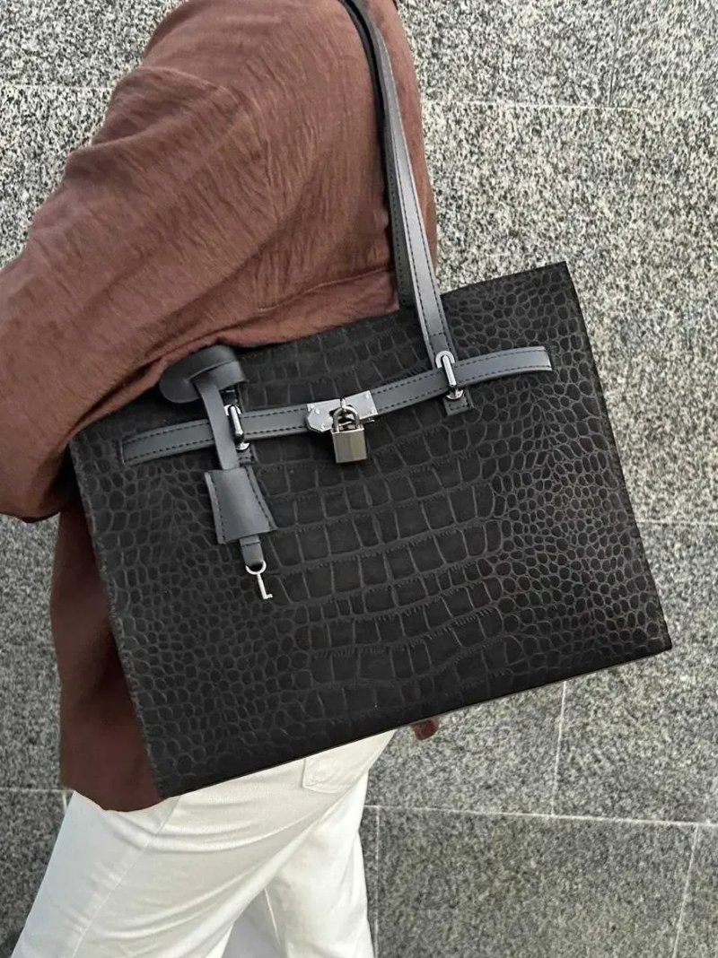 Сумочка  hermes шкіряна  стильна нова жіноча сумка шопер  а4 шоколад чорна шкіра замша — фото 3