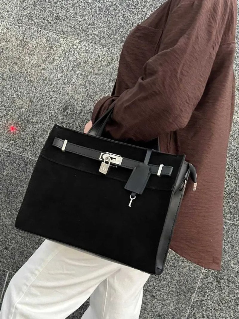 Сумочка  hermes шкіряна  стильна нова жіноча сумка шопер  а4 шоколад чорна шкіра замша — фото 4