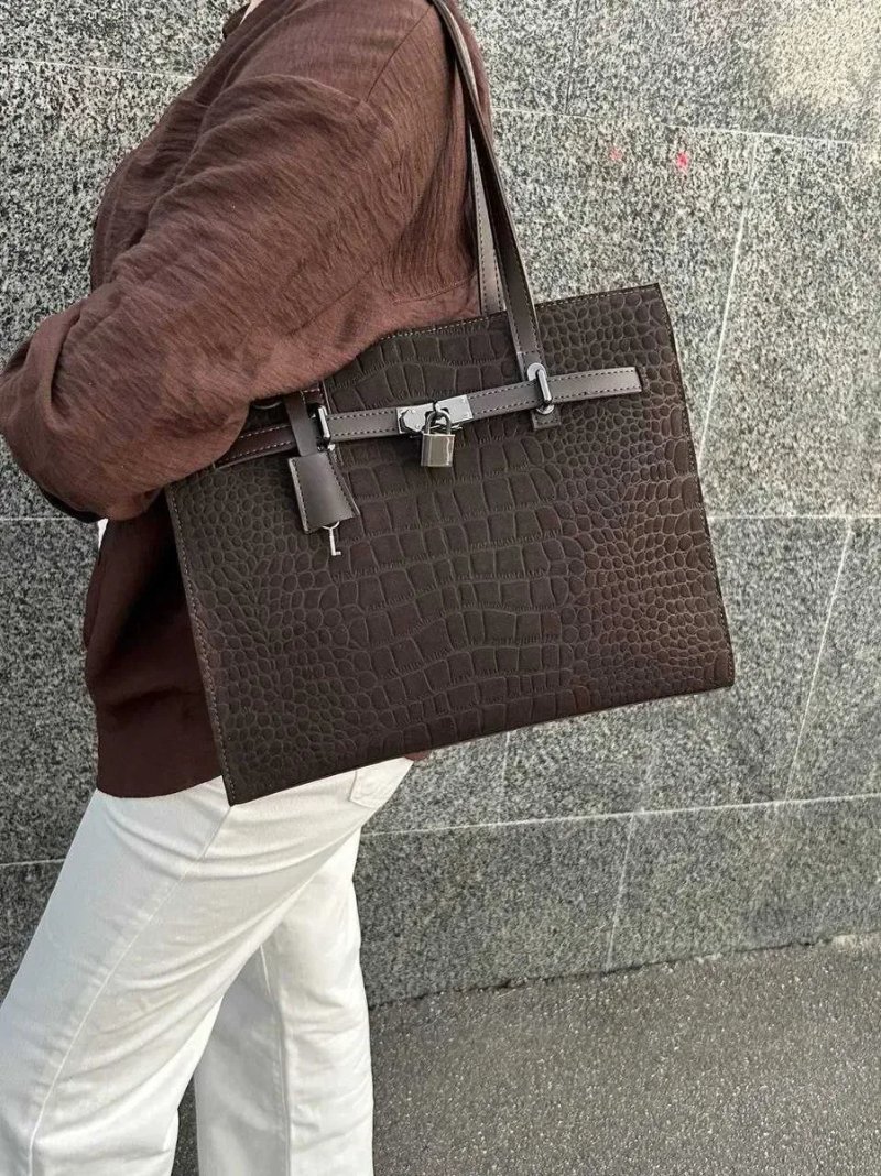 Сумочка  hermes шкіряна  стильна нова жіноча сумка шопер  а4 шоколад чорна шкіра замша — фото 5