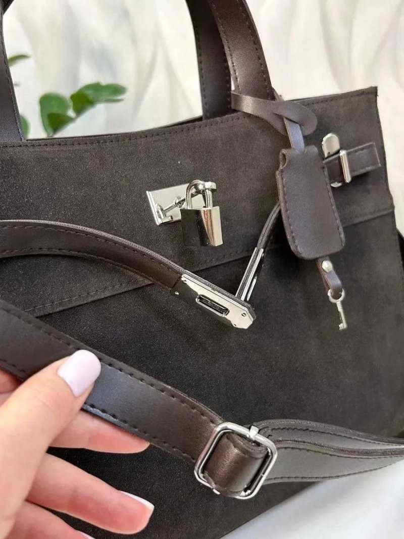 Сумочка  hermes шкіряна  стильна нова жіноча сумка шопер  а4 шоколад чорна шкіра замша — фото 6