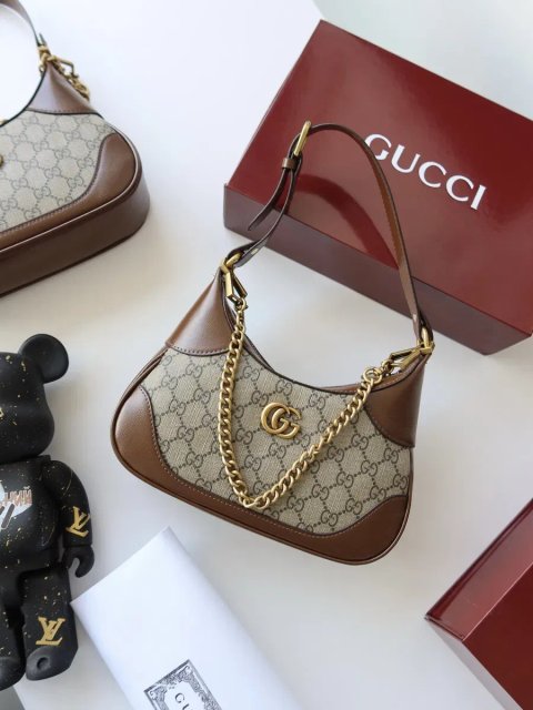 Сумочка жіноча шкіряна Gucci Aphrodite Small Shoulder Bag Ophidia коричнева натуральна шкіра сумка женская гуччи GG тренд