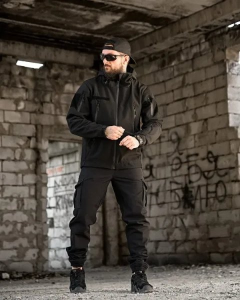 Тактичний костюм софтшел BAND чорний / штани на резинці + куртка комплект тактичний сотшел демісезон осінь - рання зима чорний колір / костюм чорний