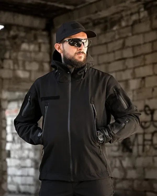 Тактичний костюм софтшел BAND чорний / штани на резинці + куртка комплект тактичний сотшел демісезон осінь - рання зима чорний колір / костюм чорний — фото 7