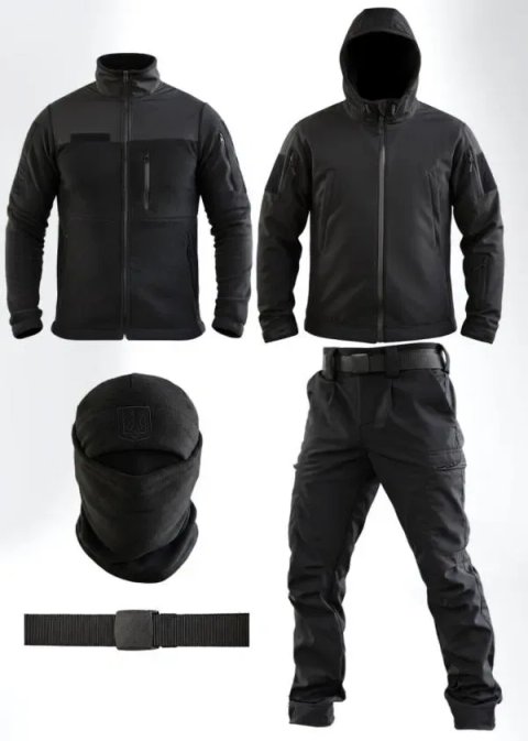 Тактичний костюм Softshell 5в1 LUNAR чорний / КІЛЬКА КОЛЬОРІВ У НАЯВНОСТІ / Комплект 5 в 1 Куртка + Штани + Фліска + Пояс + Баф чорний колір комплект