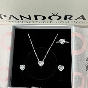 Набір Pandora Біле серце намисто, каблучка, сережки S925 Пандора