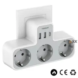 Мережевий фільтр-розгалужувач Tessan з 3 євророзетками та 3 USB портами, 3600W/16A, Білий