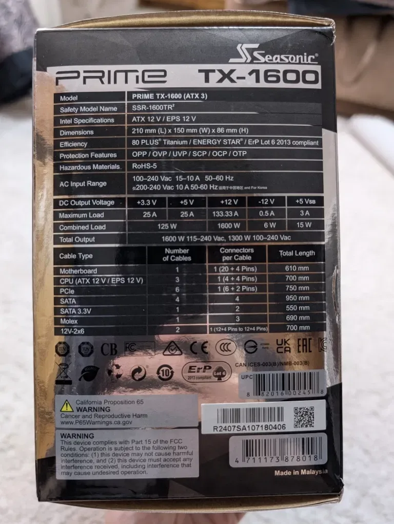 Топовий блок живлення Seasonic Prime TX1600 ATX3.0 ATX3.1 1600W 80+ Titanium 1600 ватт — фото 7